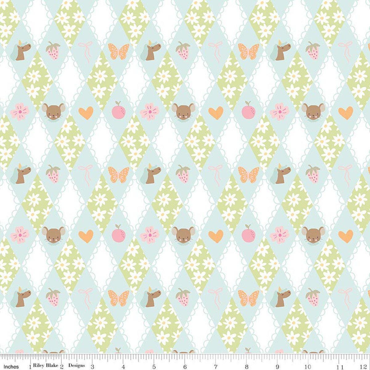 Image of Little Posies Diamonds Aqua quilting cotton fabric by Cayla Naylor for Riley Blake Designs. Features diamonds on a white, blue, and green background. Cute Little Fabric Shop.