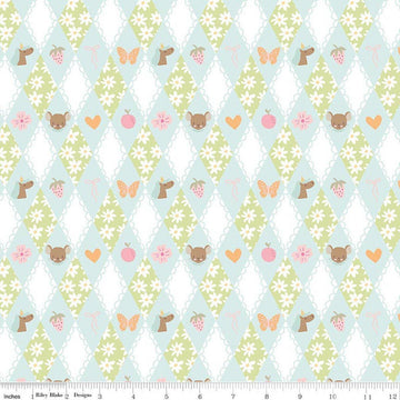 Image of Little Posies Diamonds Aqua quilting cotton fabric by Cayla Naylor for Riley Blake Designs. Features diamonds on a white, blue, and green background. Cute Little Fabric Shop.