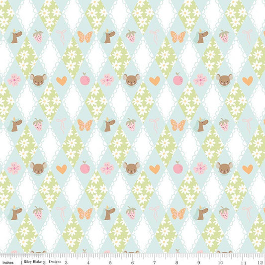 Image of Little Posies Diamonds Aqua quilting cotton fabric by Cayla Naylor for Riley Blake Designs. Features diamonds on a white, blue, and green background. Cute Little Fabric Shop.