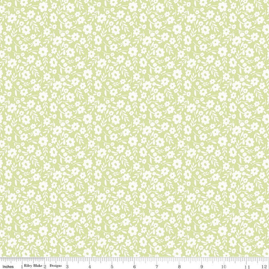 Image of Little Posies Floral Green quilting cotton fabric by Cayla Naylor for Riley Blake Designs. Features flowers on a green background. Cute Little Fabric Shop.