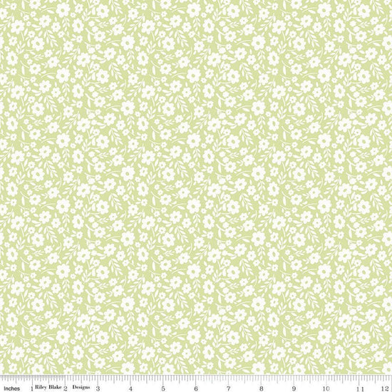 Image of Little Posies Floral Green quilting cotton fabric by Cayla Naylor for Riley Blake Designs. Features flowers on a green background. Cute Little Fabric Shop.