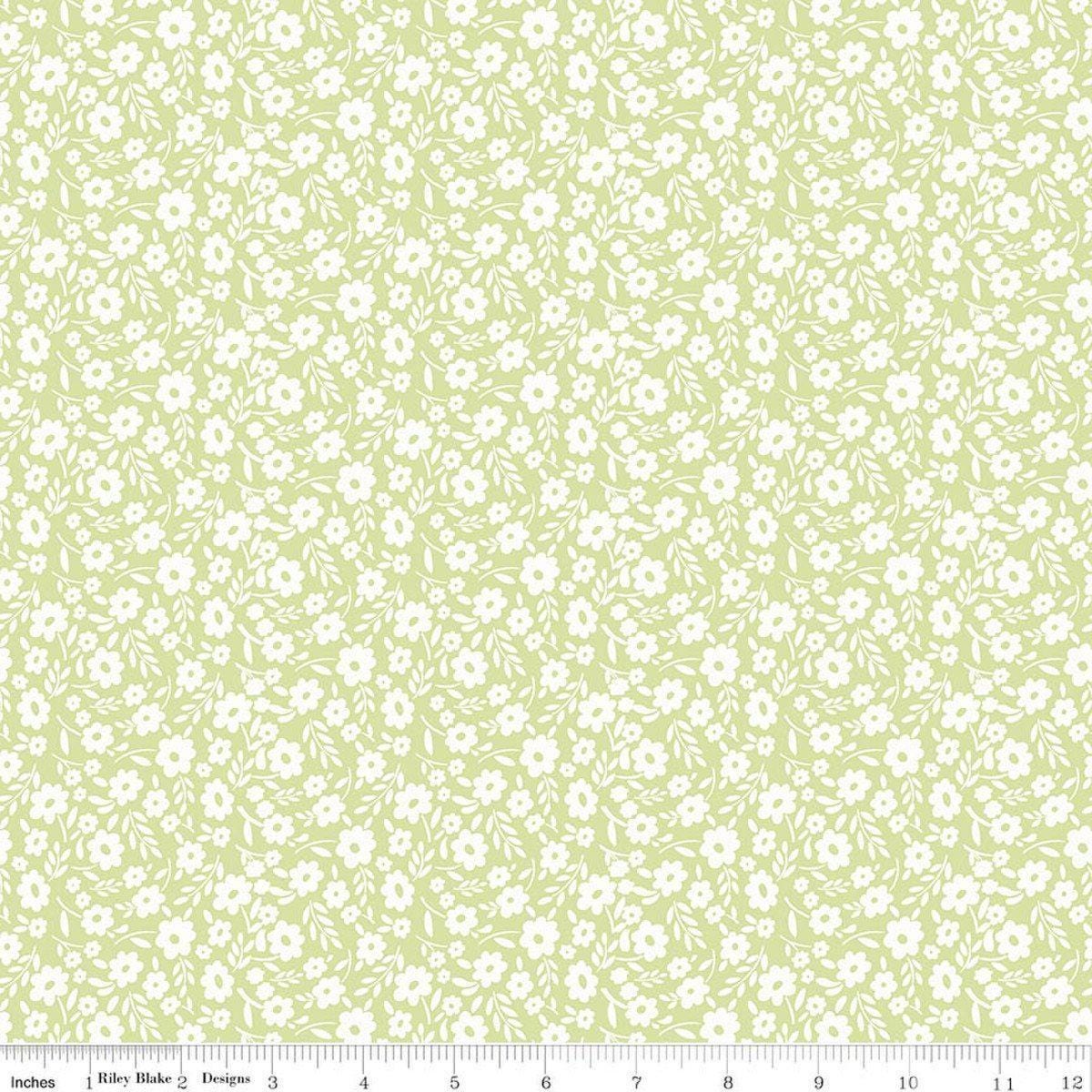 Image of Little Posies Floral Green quilting cotton fabric by Cayla Naylor for Riley Blake Designs. Features flowers on a green background. Cute Little Fabric Shop.