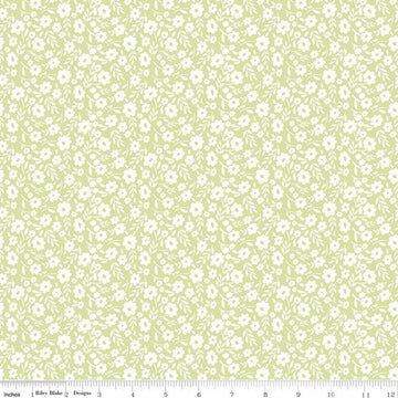 Image of Little Posies Floral Green quilting cotton fabric by Cayla Naylor for Riley Blake Designs. Features flowers on a green background. Cute Little Fabric Shop.
