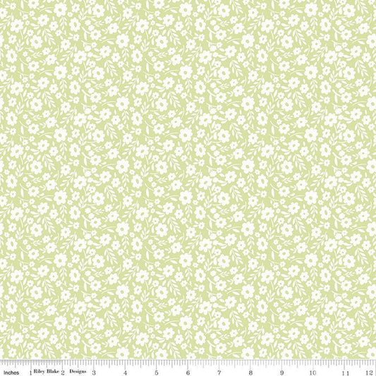 Image of Little Posies Floral Green quilting cotton fabric by Cayla Naylor for Riley Blake Designs. Features flowers on a green background. Cute Little Fabric Shop.