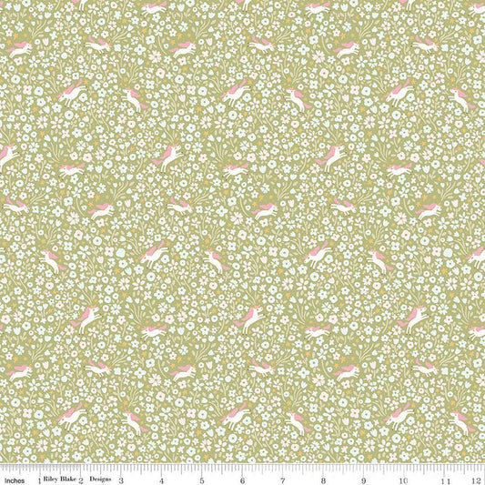 Image of Little Posies Unicorns Green quilting cotton fabric by Cayla Naylor for Riley Blake Designs. Features flowers on a green background. Cute Little Fabric Shop.