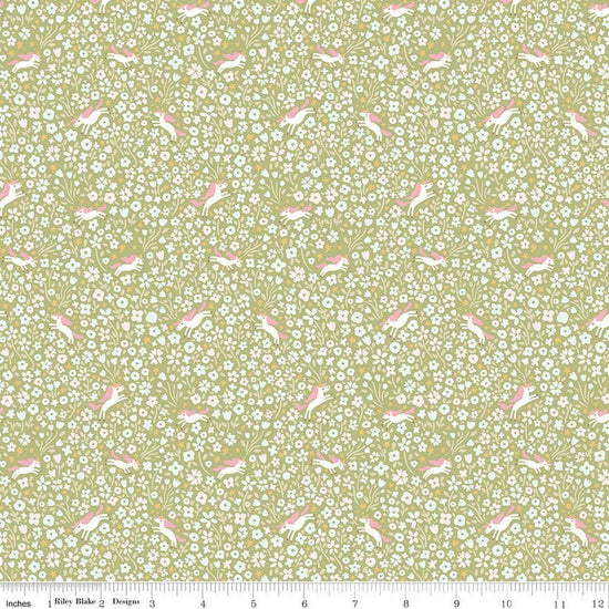 Image of Little Posies Unicorns Green quilting cotton fabric by Cayla Naylor for Riley Blake Designs. Features flowers on a green background. Cute Little Fabric Shop.