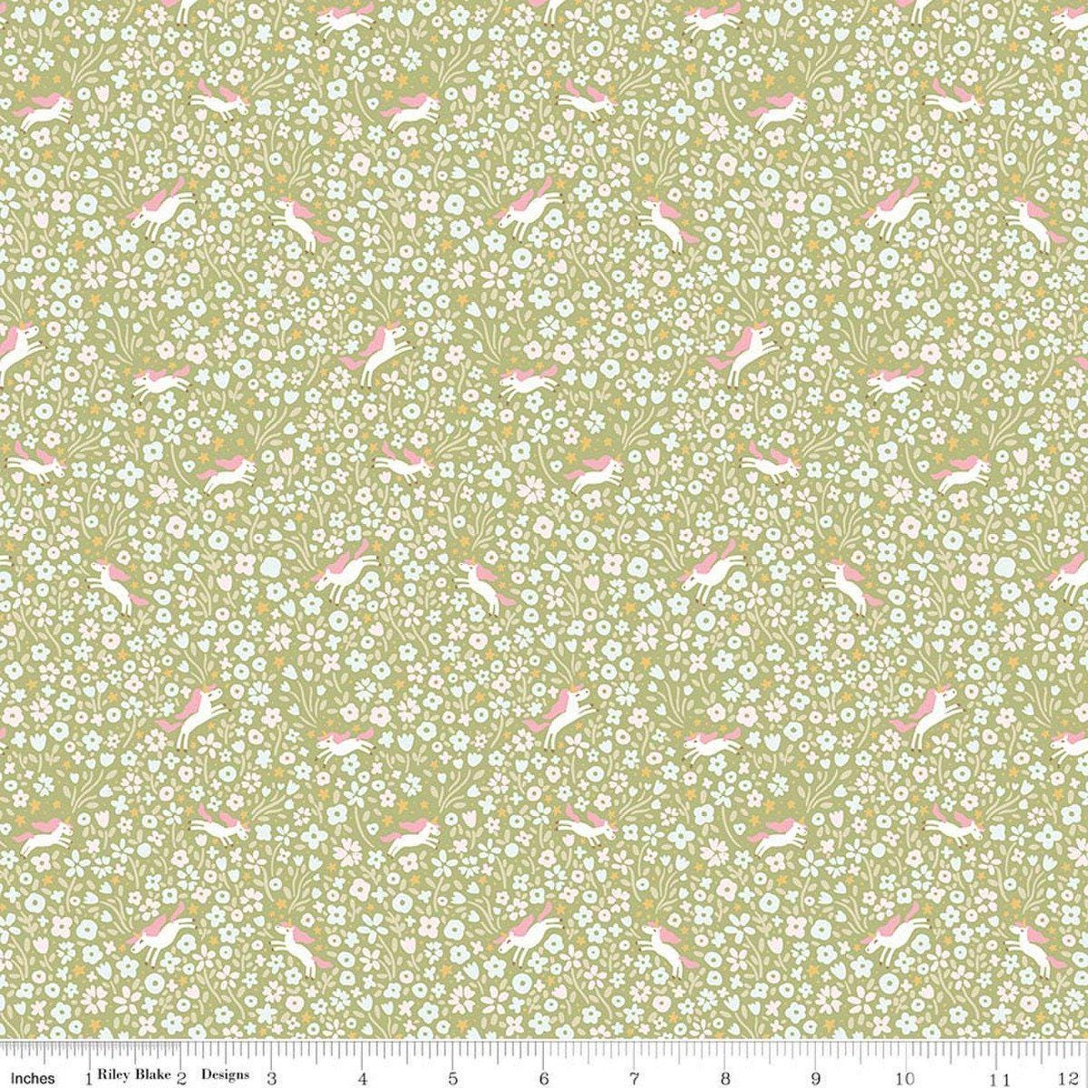 Image of Little Posies Unicorns Green quilting cotton fabric by Cayla Naylor for Riley Blake Designs. Features flowers on a green background. Cute Little Fabric Shop.
