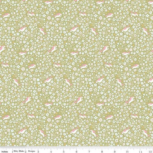 Image of Little Posies Unicorns Green quilting cotton fabric by Cayla Naylor for Riley Blake Designs. Features flowers on a green background. Cute Little Fabric Shop.