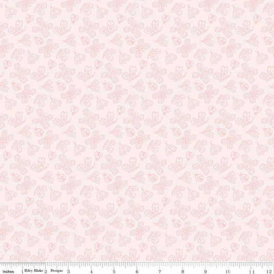 Image of Little Posies Butterflies Pink quilting cotton fabric by Cayla Naylor for Riley Blake Designs. Features butterflies on a pink background. Cute Little Fabric Shop.