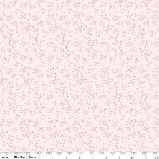 Image of Little Posies Butterflies Pink quilting cotton fabric by Cayla Naylor for Riley Blake Designs. Features butterflies on a pink background. Cute Little Fabric Shop.