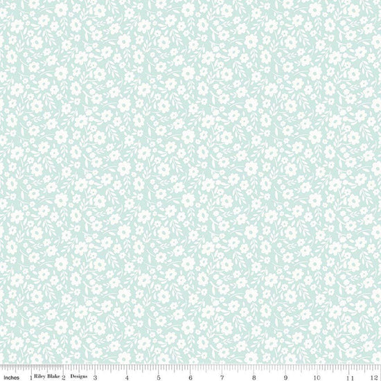Image of Little Posies Floral Aqua quilting cotton fabric by Cayla Naylor for Riley Blake Designs. Features flowers on a blue background. Cute Little Fabric Shop.