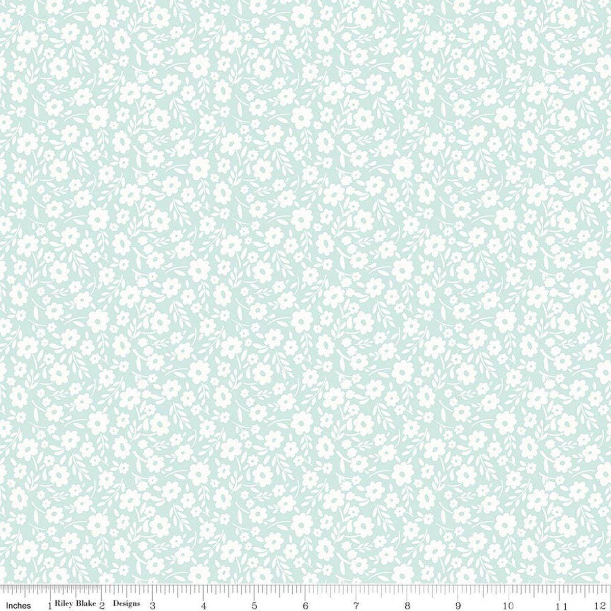 Image of Little Posies Floral Aqua quilting cotton fabric by Cayla Naylor for Riley Blake Designs. Features flowers on a blue background. Cute Little Fabric Shop.