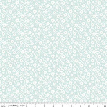 Image of Little Posies Floral Aqua quilting cotton fabric by Cayla Naylor for Riley Blake Designs. Features flowers on a blue background. Cute Little Fabric Shop.