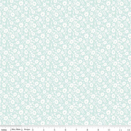 Image of Little Posies Floral Aqua quilting cotton fabric by Cayla Naylor for Riley Blake Designs. Features flowers on a blue background. Cute Little Fabric Shop.