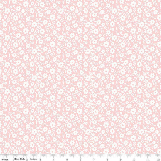 Image of Little Posies Floral Pink quilting cotton fabric by Cayla Naylor for Riley Blake Designs. Features flowers on a pink background. Cute Little Fabric Shop.