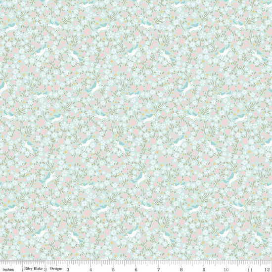 Image of Little Posies Unicorns Aqua quilting cotton fabric by Cayla Naylor for Riley Blake Designs. Features flowers on a blue background. Cute Little Fabric Shop.