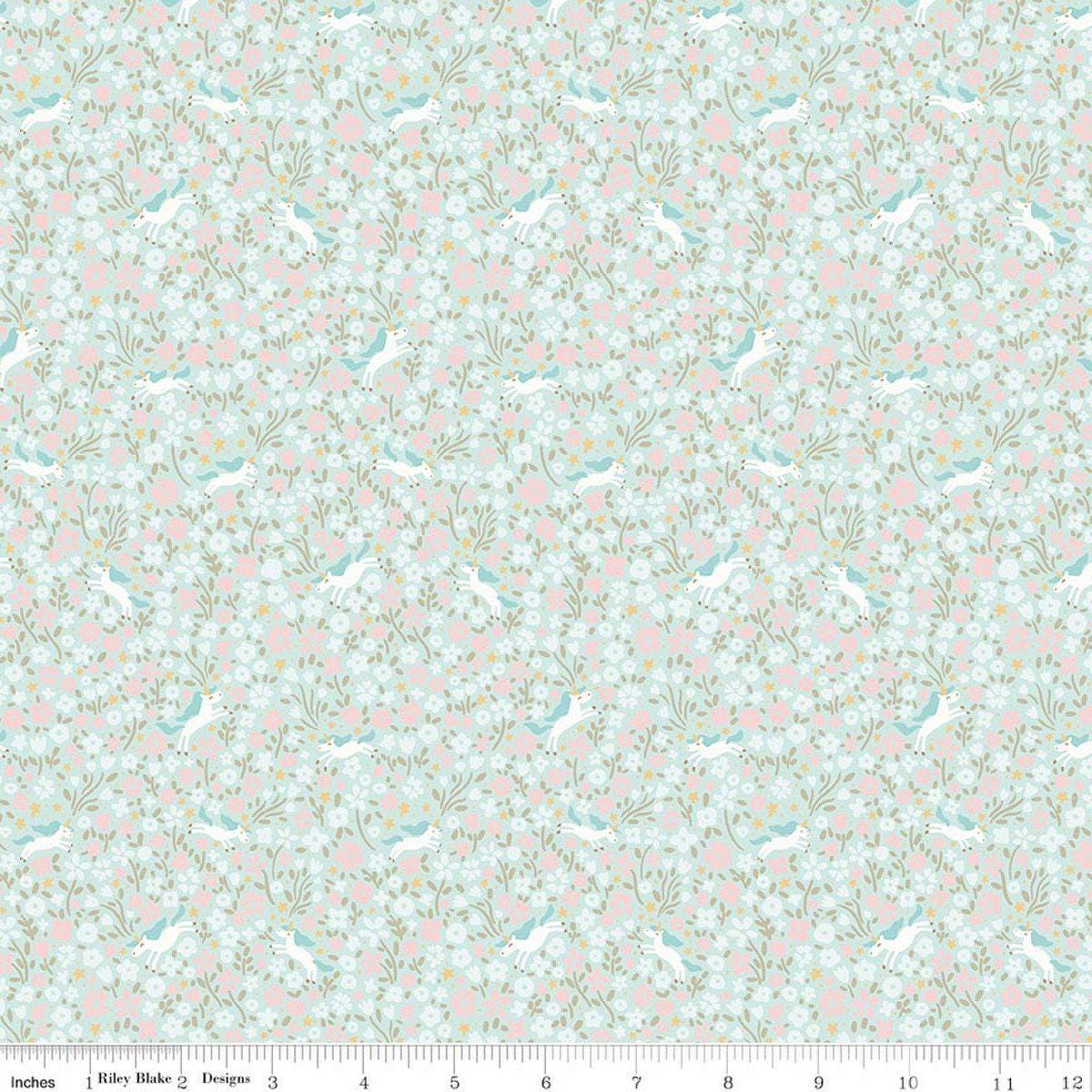 Image of Little Posies Unicorns Aqua quilting cotton fabric by Cayla Naylor for Riley Blake Designs. Features flowers on a blue background. Cute Little Fabric Shop.