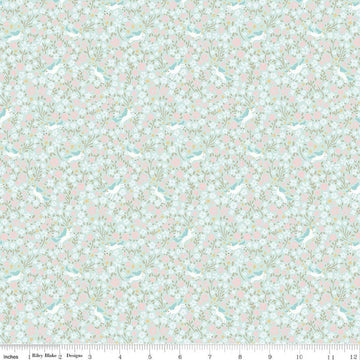 Image of Little Posies Unicorns Aqua quilting cotton fabric by Cayla Naylor for Riley Blake Designs. Features flowers on a blue background. Cute Little Fabric Shop.