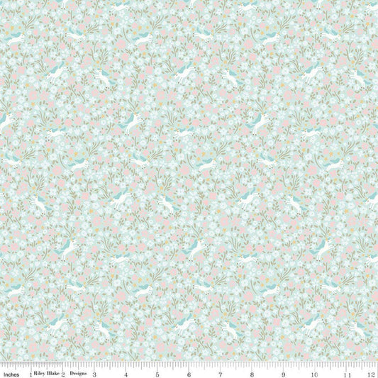 Image of Little Posies Unicorns Aqua quilting cotton fabric by Cayla Naylor for Riley Blake Designs. Features flowers on a blue background. Cute Little Fabric Shop.