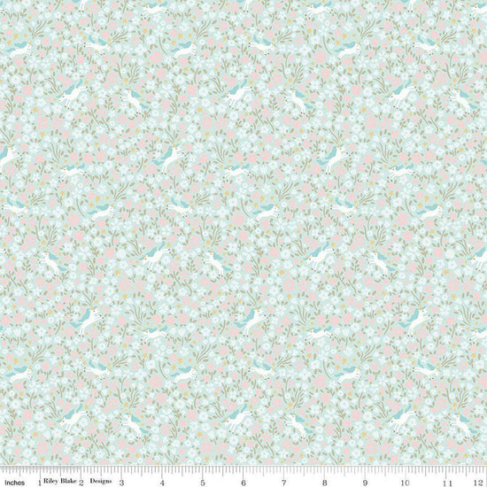 Image of Little Posies Unicorns Aqua quilting cotton fabric by Cayla Naylor for Riley Blake Designs. Features flowers on a blue background. Cute Little Fabric Shop.