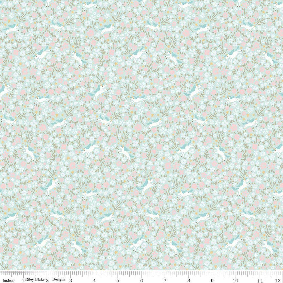 Image of Little Posies Unicorns Aqua quilting cotton fabric by Cayla Naylor for Riley Blake Designs. Features flowers on a blue background. Cute Little Fabric Shop.
