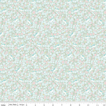 Image of Little Posies Unicorns Aqua quilting cotton fabric by Cayla Naylor for Riley Blake Designs. Features flowers on a blue background. Cute Little Fabric Shop.