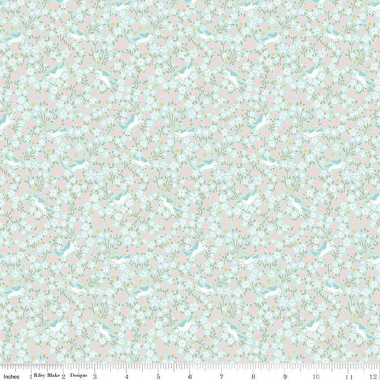 Image of Little Posies Unicorns Aqua quilting cotton fabric by Cayla Naylor for Riley Blake Designs. Features flowers on a blue background. Cute Little Fabric Shop.