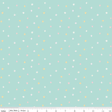 Image of Little Posies Ditsy Teal quilting cotton fabric by Cayla Naylor for Riley Blake Designs. Features stars on a blue background. Cute Little Fabric Shop.