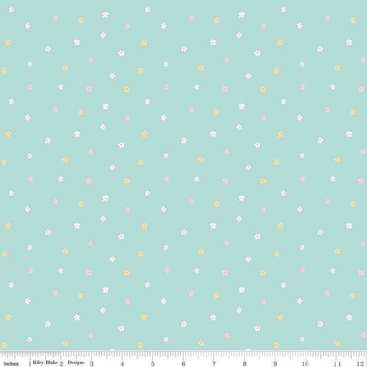 Image of Little Posies Ditsy Teal quilting cotton fabric by Cayla Naylor for Riley Blake Designs. Features stars on a blue background. Cute Little Fabric Shop.
