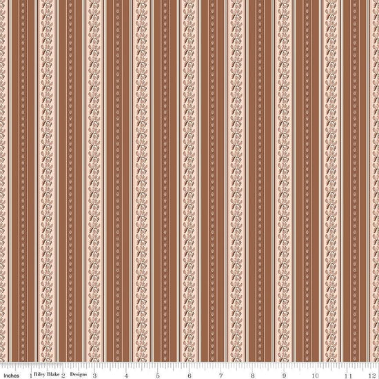 Image of Harvest on the Prairie Stripe Brown quilting cotton fabric by Modern Prairie for Riley Blake Designs. Features stripes on a brown background. Cute Little Fabric Shop.