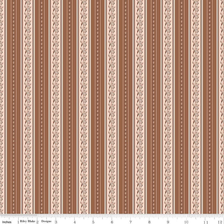 Image of Harvest on the Prairie Stripe Brown quilting cotton fabric by Modern Prairie for Riley Blake Designs. Features stripes on a brown background. Cute Little Fabric Shop.