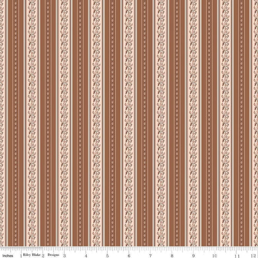 Image of Harvest on the Prairie Stripe Brown quilting cotton fabric by Modern Prairie for Riley Blake Designs. Features stripes on a brown background. Cute Little Fabric Shop.
