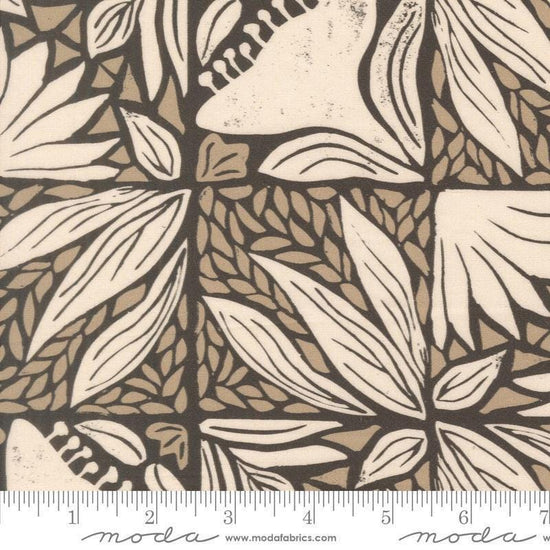 Image of Imprint Painted Tiles Iron quilting cotton fabric by Sewn By Amy Schelle for Moda Fabrics. Features flowers and leaves on a brown background. Cute Little Fabric Shop.
