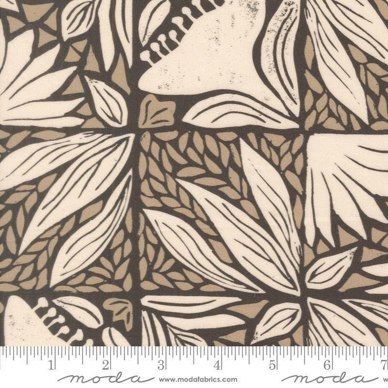 Image of Imprint Painted Tiles Iron quilting cotton fabric by Sewn By Amy Schelle for Moda Fabrics. Features flowers and leaves on a brown background. Cute Little Fabric Shop.