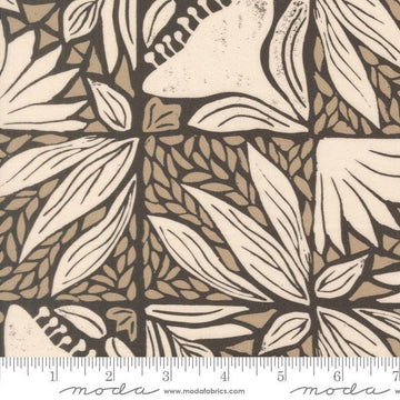 Image of Imprint Painted Tiles Iron quilting cotton fabric by Sewn By Amy Schelle for Moda Fabrics. Features flowers and leaves on a brown background. Cute Little Fabric Shop.