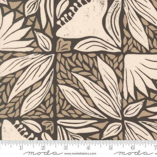 Image of Imprint Painted Tiles Iron quilting cotton fabric by Sewn By Amy Schelle for Moda Fabrics. Features flowers and leaves on a brown background. Cute Little Fabric Shop.