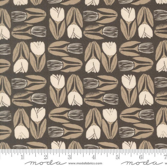 Image of Imprint Flower Market Iron quilting cotton fabric by Sewn By Amy Schelle for Moda Fabrics. Features flowers on a brown background. Cute Little Fabric Shop.