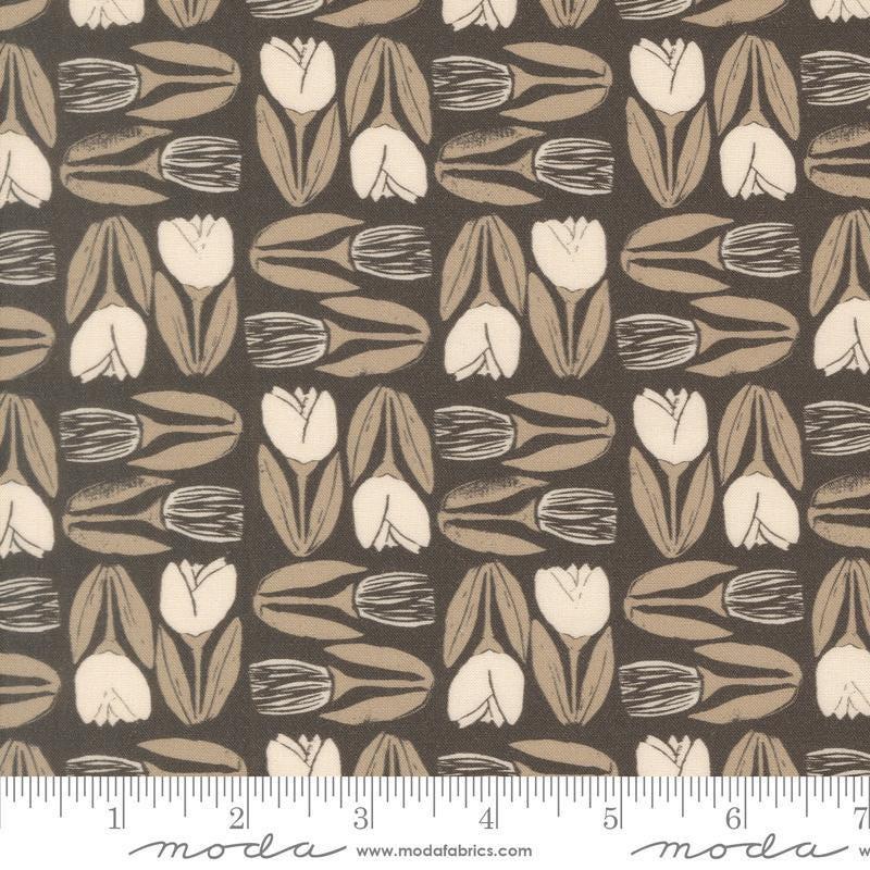 Image of Imprint Flower Market Iron quilting cotton fabric by Sewn By Amy Schelle for Moda Fabrics. Features flowers on a brown background. Cute Little Fabric Shop.