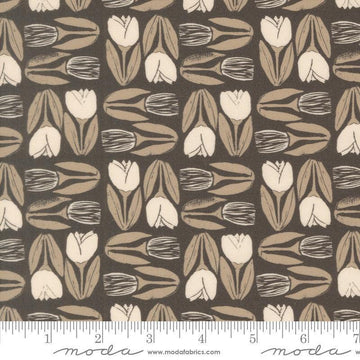 Image of Imprint Flower Market Iron quilting cotton fabric by Sewn By Amy Schelle for Moda Fabrics. Features flowers on a brown background. Cute Little Fabric Shop.