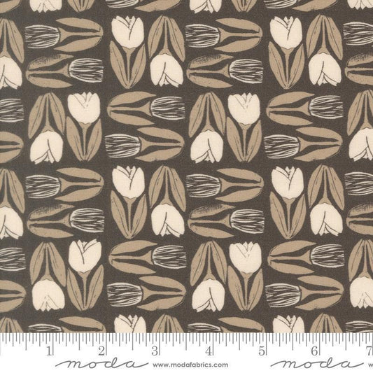 Image of Imprint Flower Market Iron quilting cotton fabric by Sewn By Amy Schelle for Moda Fabrics. Features flowers on a brown background. Cute Little Fabric Shop.