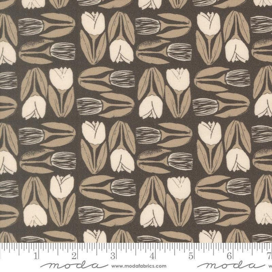 Image of Imprint Flower Market Iron quilting cotton fabric by Sewn By Amy Schelle for Moda Fabrics. Features flowers on a brown background. Cute Little Fabric Shop.
