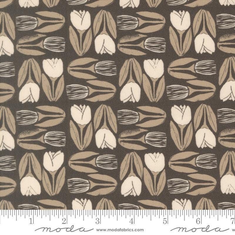 Image of Imprint Flower Market Iron quilting cotton fabric by Sewn By Amy Schelle for Moda Fabrics. Features flowers on a brown background. Cute Little Fabric Shop.