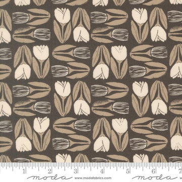 Image of Imprint Flower Market Iron quilting cotton fabric by Sewn By Amy Schelle for Moda Fabrics. Features flowers on a brown background. Cute Little Fabric Shop.
