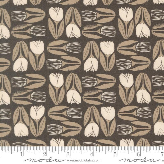 Image of Imprint Flower Market Iron quilting cotton fabric by Sewn By Amy Schelle for Moda Fabrics. Features flowers on a brown background. Cute Little Fabric Shop.