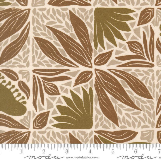 Image of Imprint Painted Tiles Umber quilting cotton fabric by Sewn By Amy Schelle for Moda Fabrics. Features flowers and leaves on a cream background. Cute Little Fabric Shop.