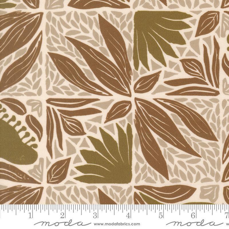 Image of Imprint Painted Tiles Umber quilting cotton fabric by Sewn By Amy Schelle for Moda Fabrics. Features flowers and leaves on a cream background. Cute Little Fabric Shop.