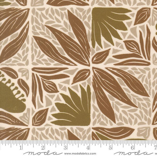 Image of Imprint Painted Tiles Umber quilting cotton fabric by Sewn By Amy Schelle for Moda Fabrics. Features flowers and leaves on a cream background. Cute Little Fabric Shop.