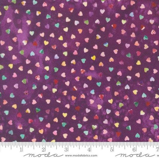 Image of Fleur The Love Sweetheart Plum quilting cotton fabric by Create Joy Project for Moda Fabrics. Features hearts on a purple background. Cute Little Fabric Shop.