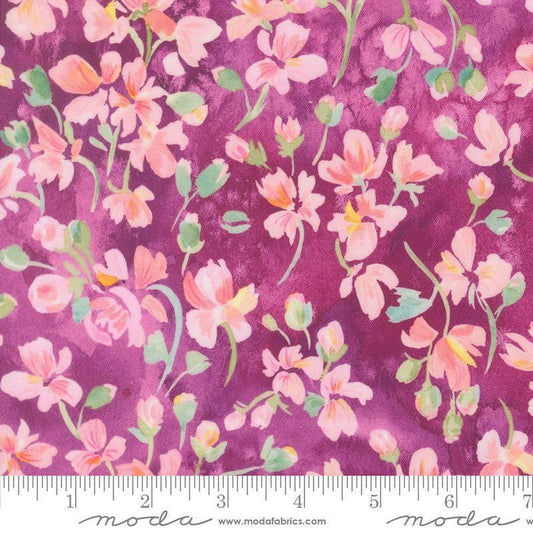 Image of Fleur The Love Swoonworthy Dahlia quilting cotton fabric by Create Joy Project for Moda Fabrics. Features flowers on a purple background. Cute Little Fabric Shop.