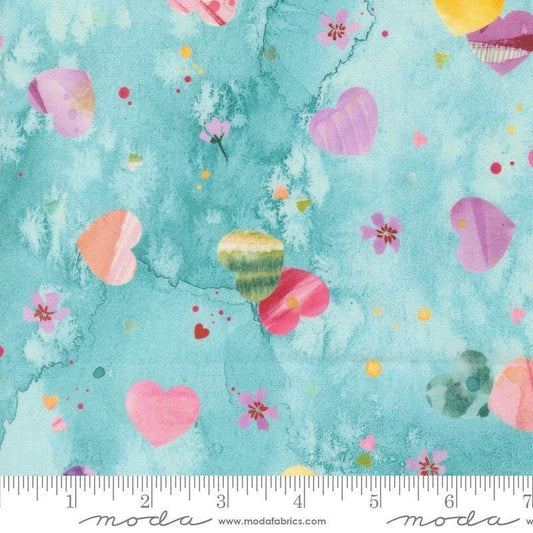 Image of Fleur The Love Soulmate Breeze quilting cotton fabric by Create Joy Project for Moda Fabrics. Features hearts on a blue background. Cute Little Fabric Shop.